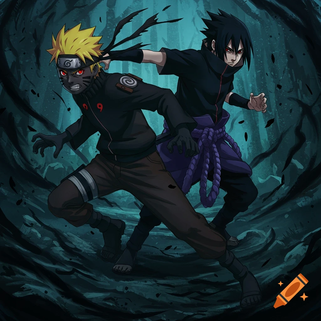 Naruto and Sasuke in dark ninja outfits in a forest scene.