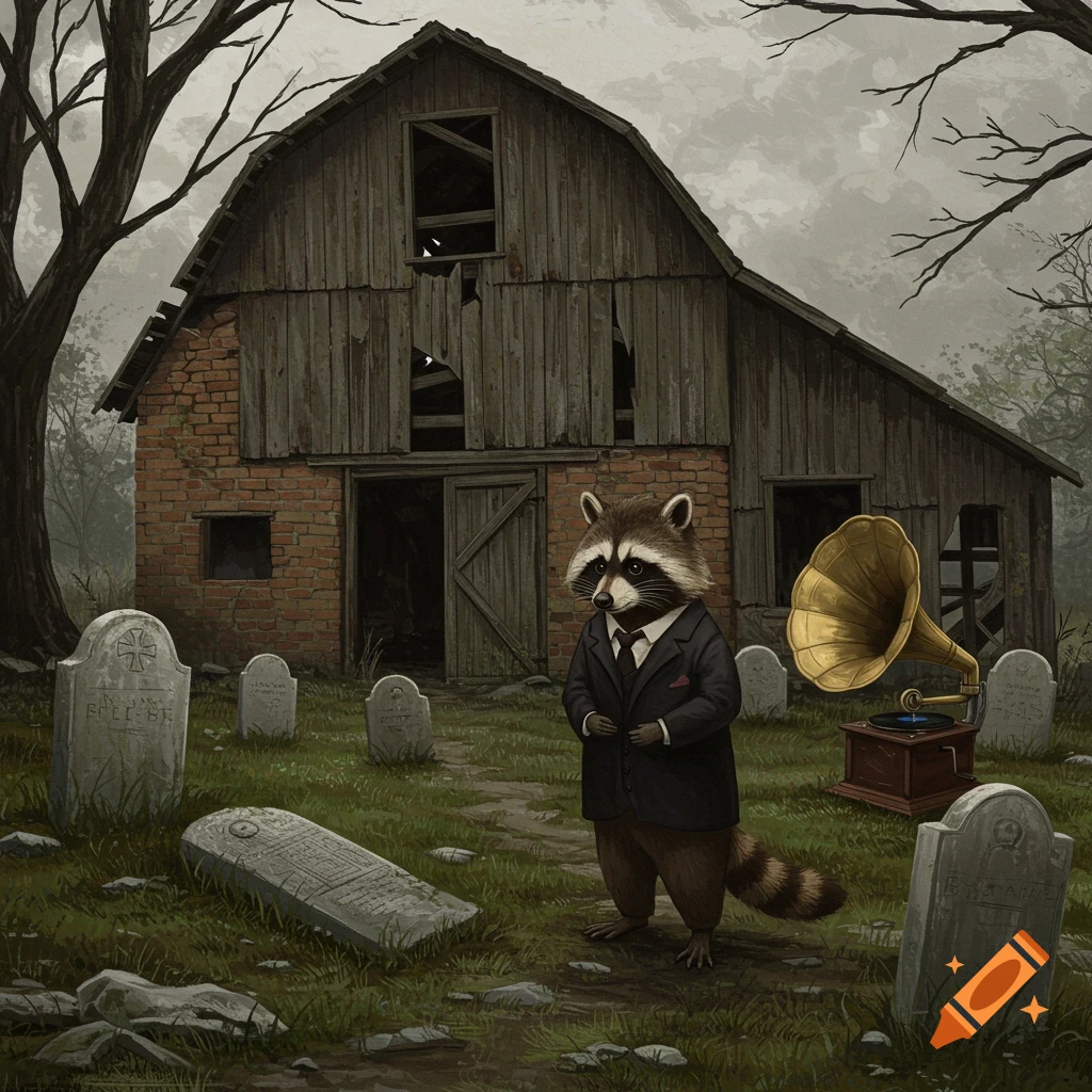 A raccoon in a suit stands in a graveyard next to an abandoned barn, with a gramophone by its side.