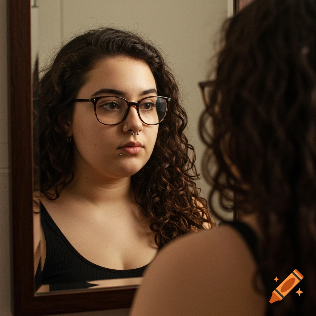 Photorealistic image of a woman with curly hair, glasses, and piercings looking into a distorted mirror reflection.