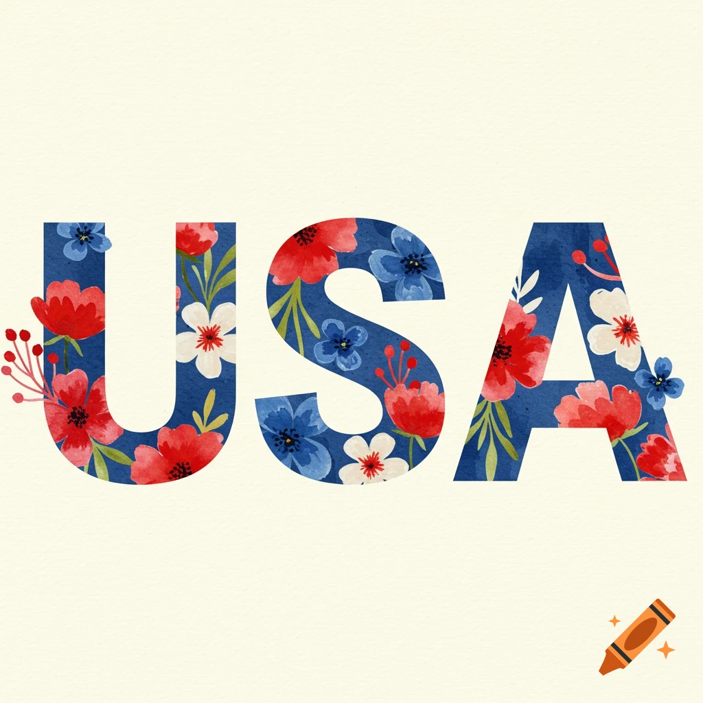 The letters USA filled with red, white, and blue watercolor flowers.