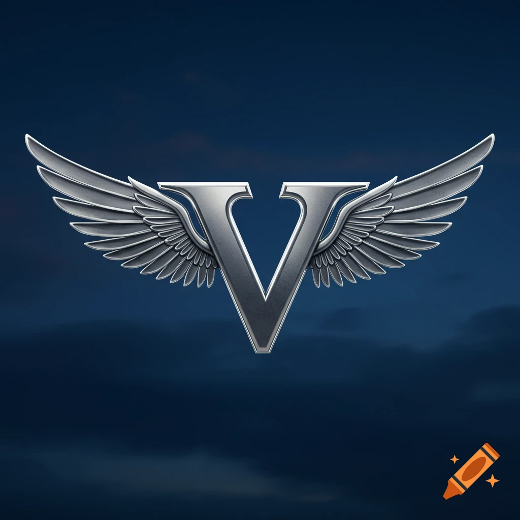 A silver metallic letter V with wings against a dark sky