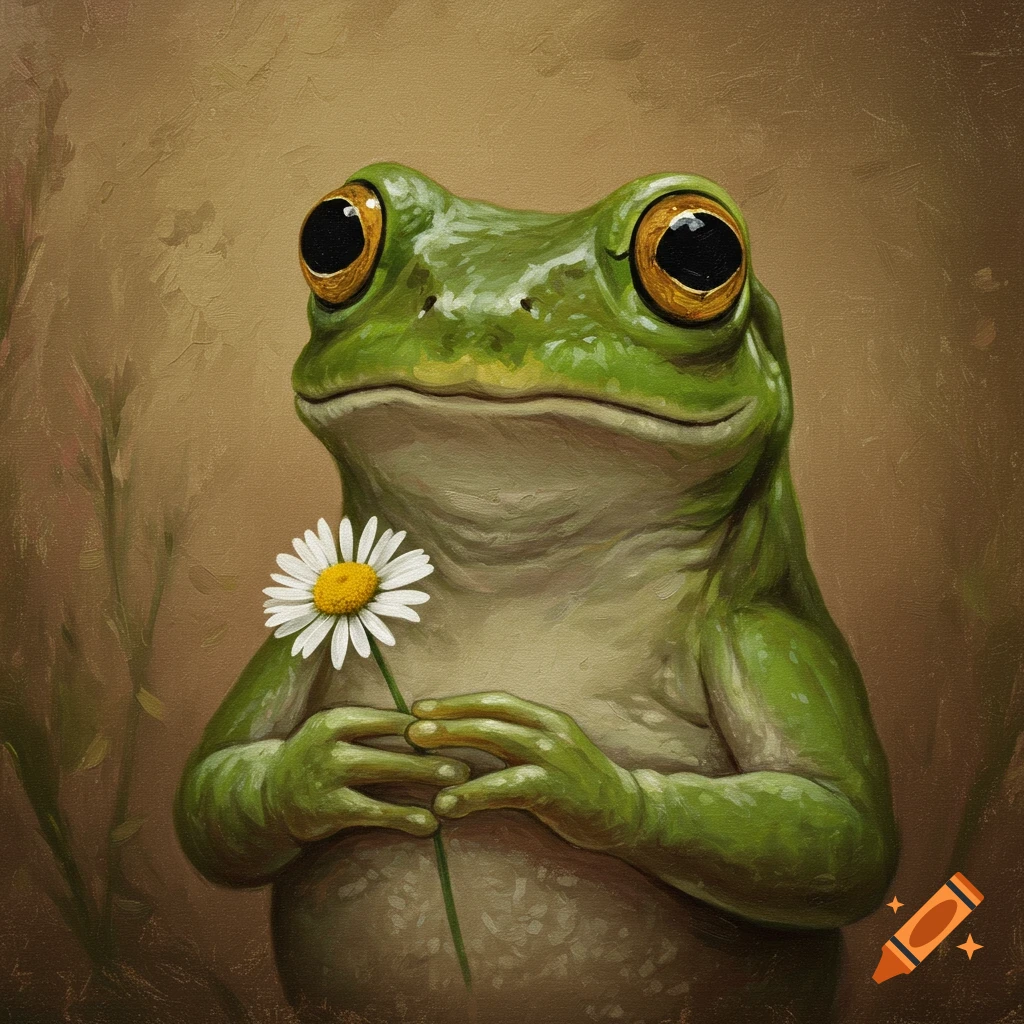 Oil painting portrait of a frog holding a white daisy