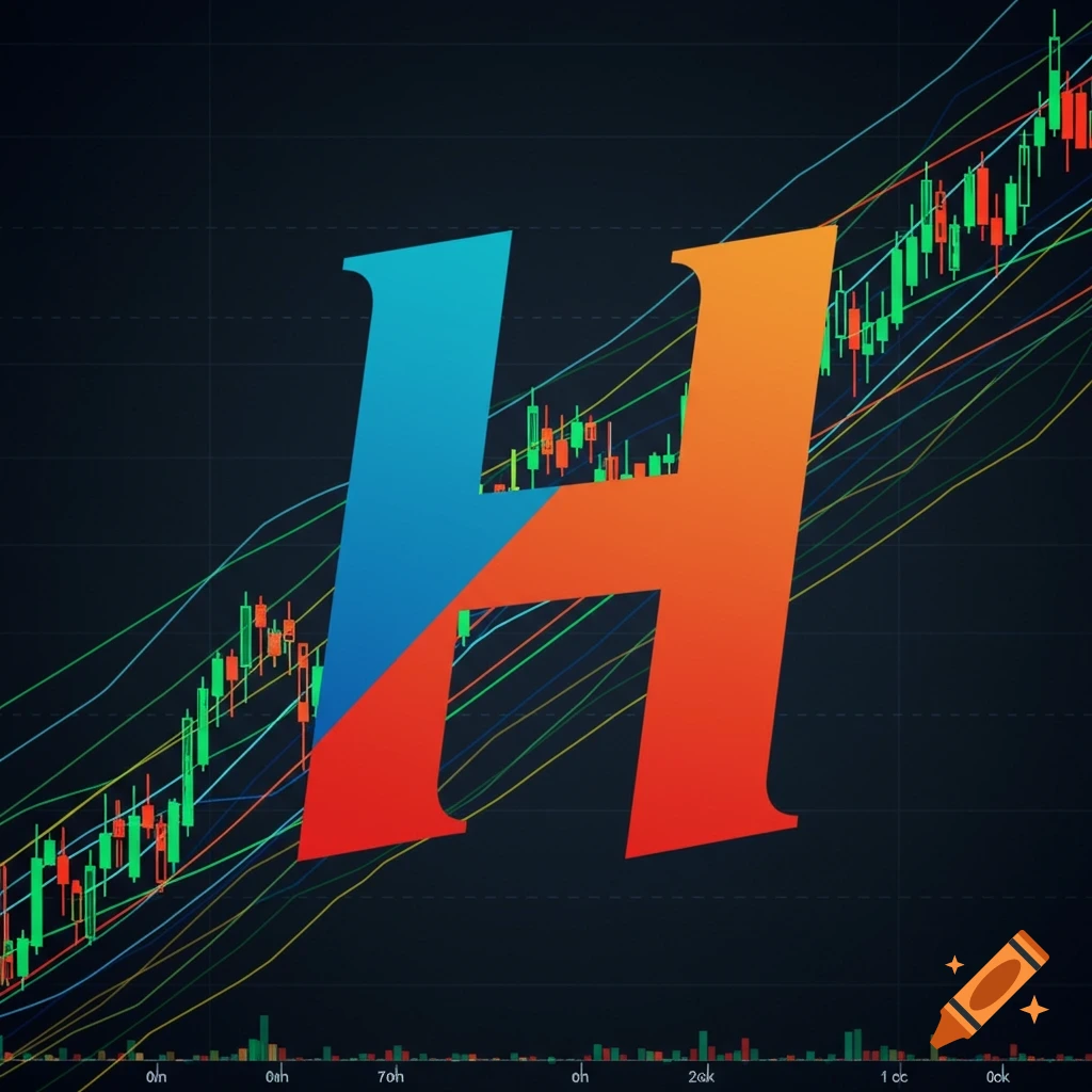 A large gradient 'H' over a stock market chart.