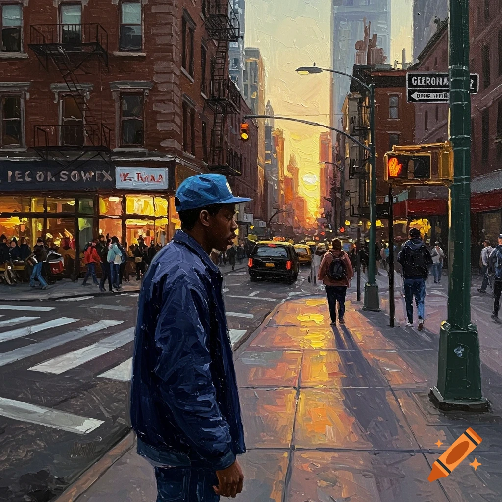 Oil painting of a person in a cap and jacket standing on a city street at sunset.
