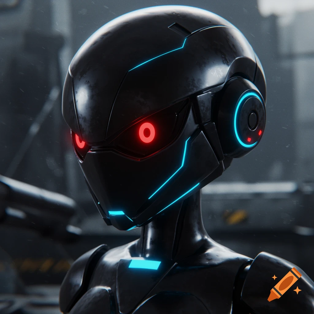 Close-up rendering of a black robot head with red eyes and blue lights in a dark, gritty environment.