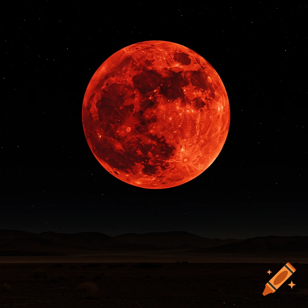 A large red blood moon hangs in a starry night sky over a dark, distant landscape.