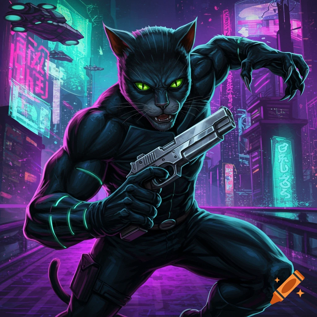 Muscular cat hero in a black suit holding a pistol in a neon-lit cyberpunk city.