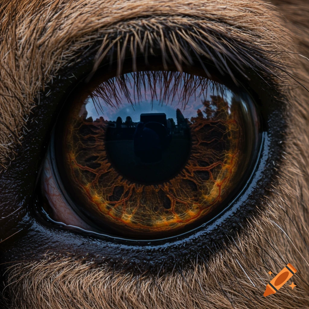 Close-up photorealistic image of a deer's eye, showing the intricate iris pattern and a reflection.