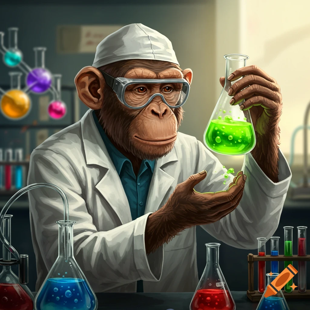 A chimpanzee wearing safety goggles and a lab coat examines a flask of green liquid in a laboratory.