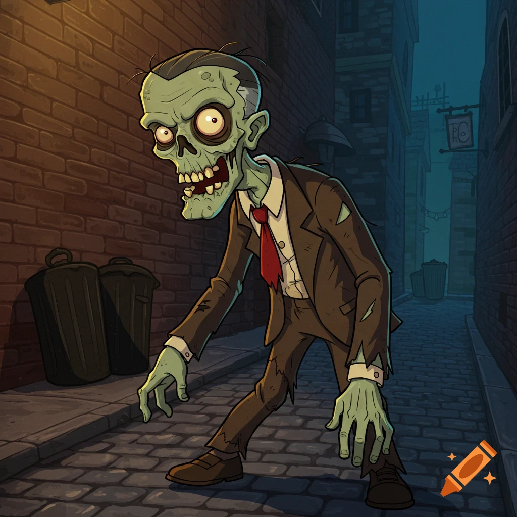 A cartoon zombie in a suit stands in a dark alley.