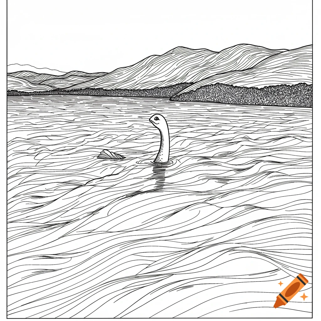 Bold line art of the Loch Ness Monster in a lake with mountains in the background.