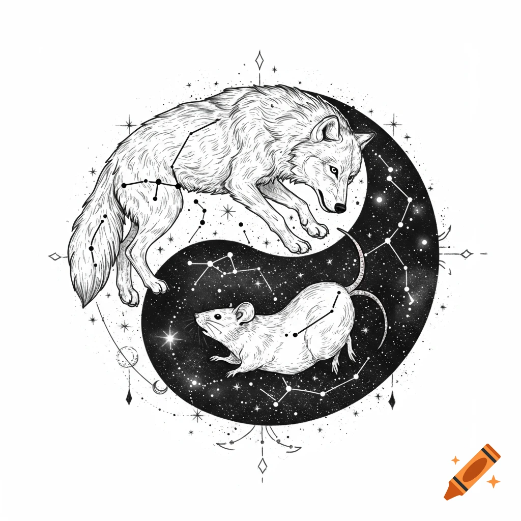 A black and white sketch of a wolf and rat in a yin yang symbol with constellations, in a tattoo design style.