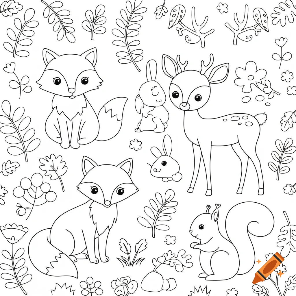 Black and white coloring page of woodland animals including fox, deer, squirrel, and rabbits with foliage.