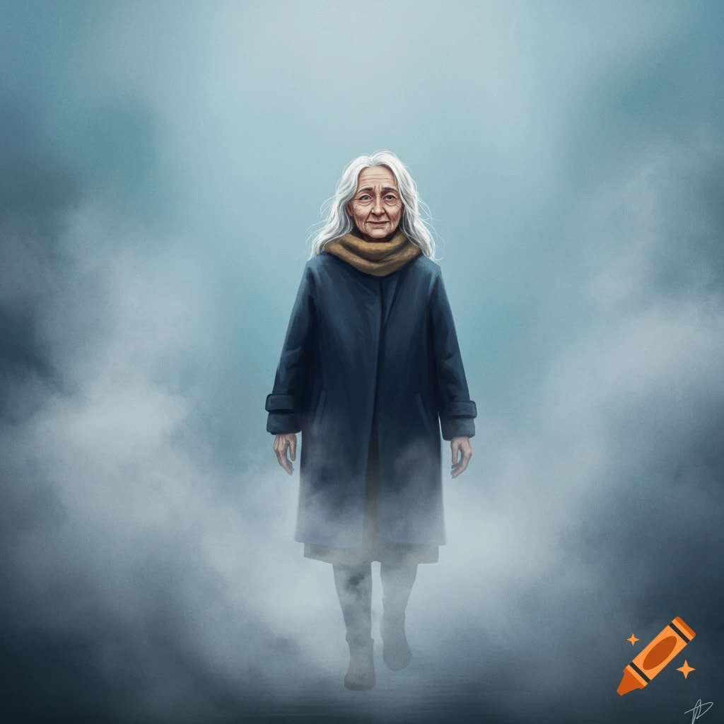 An older woman walks through thick mist.