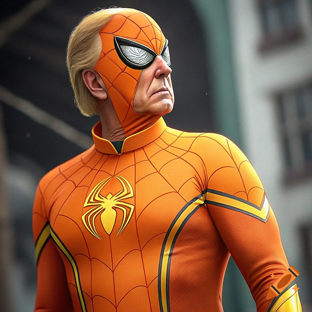 Man resembling Donald Trump in an orange and yellow superhero costume with a spider symbol.