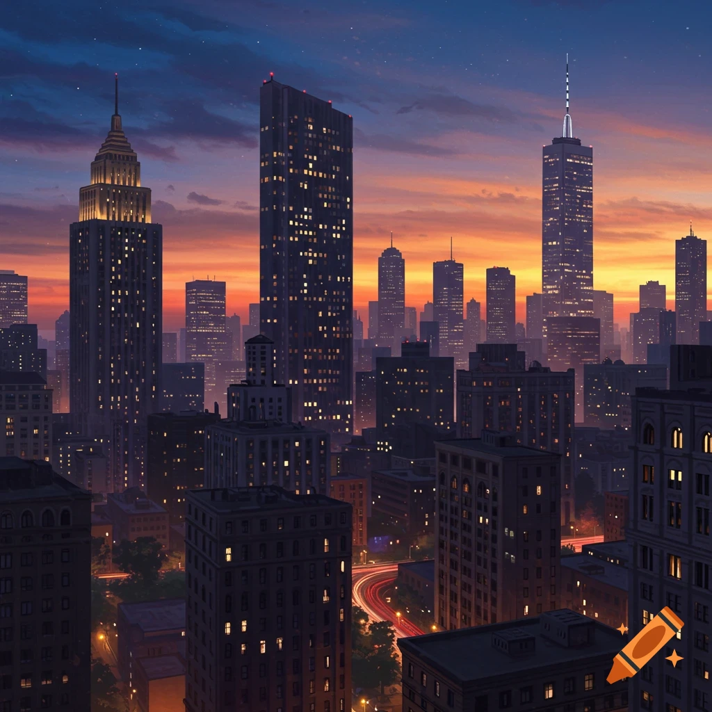 An urban city skyline at sunset