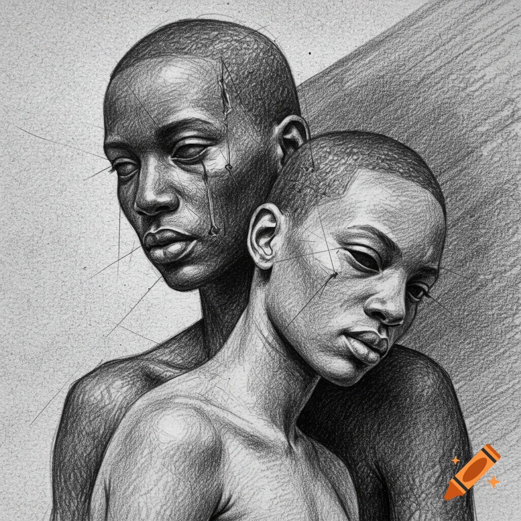 Grayscale pencil drawing of two figures with heavy lines and shading