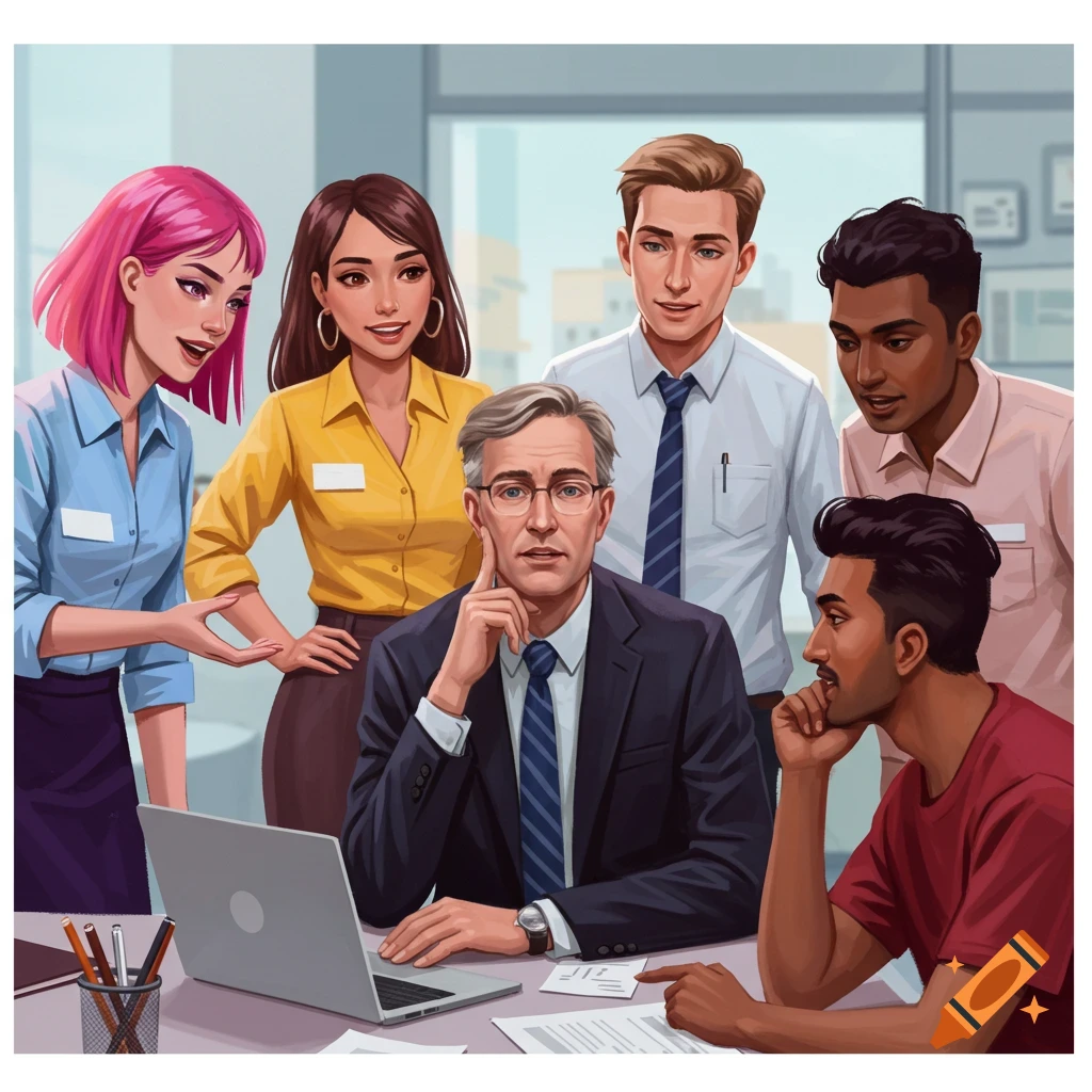 A group of employees provides feedback to their boss in an office setting.