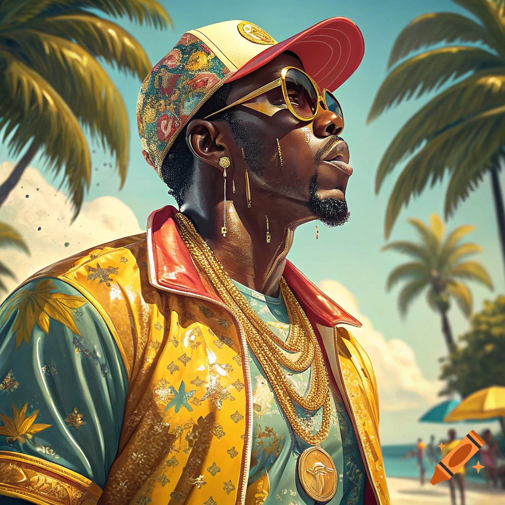 Portrait of a man with gold chains, sunglasses, colorful jacket, and patterned hat on a beach.