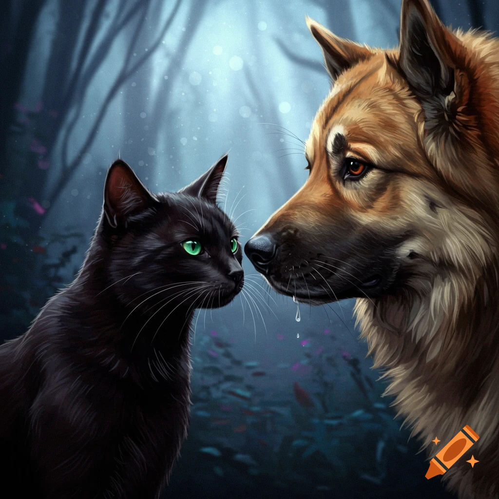 A black cat and a large dog looking at each other nose-to-nose in a moody forest.