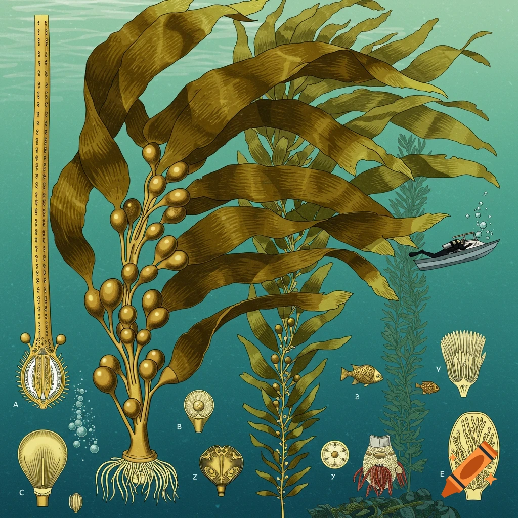Illustration of giant kelp underwater with anatomical diagrams, fish, and a diver in a boat.