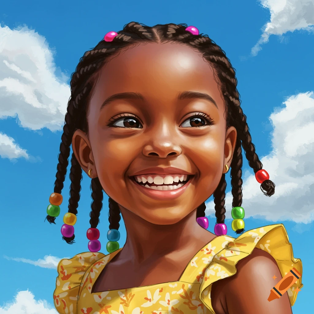 A young girl with braided hair and colorful beads, smiling in a yellow dress under a blue sky.