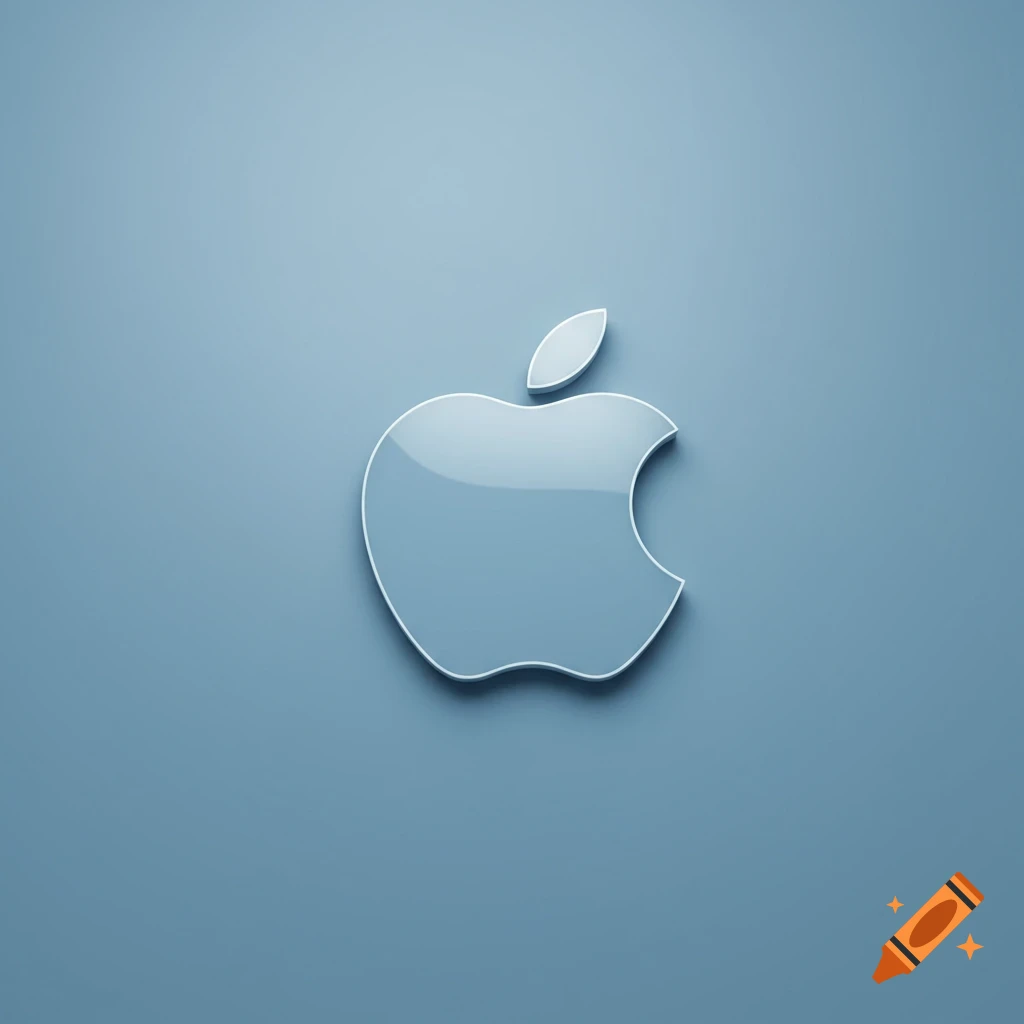 A glossy, light blue 3D Apple logo is centered on a solid blue background.