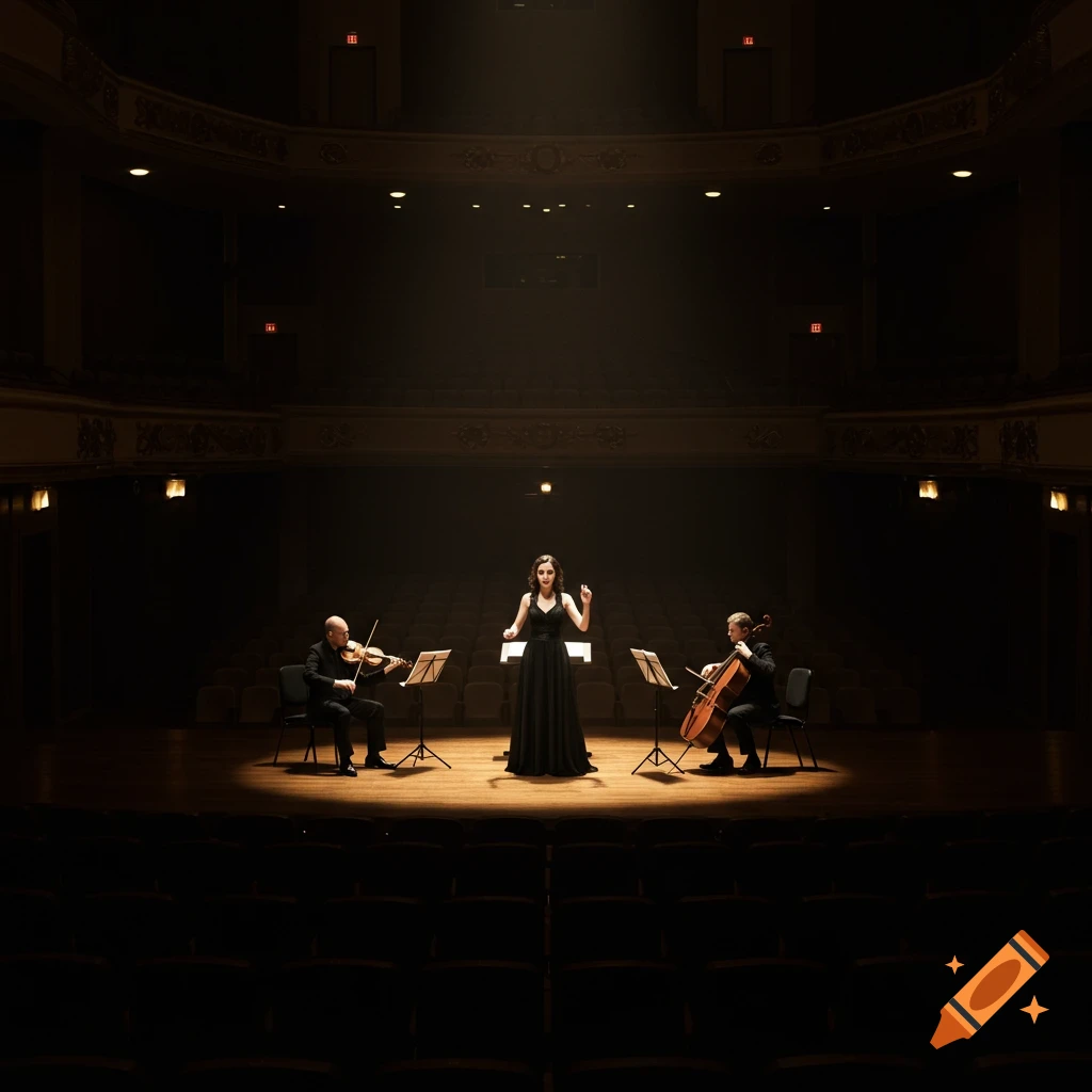 Woman conducts two musicians on a dimly lit stage in an empty auditorium.