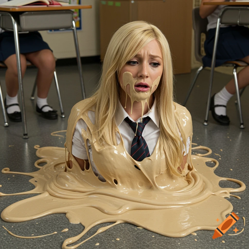 Confused blonde woman dissolving in beige slime on a classroom floor