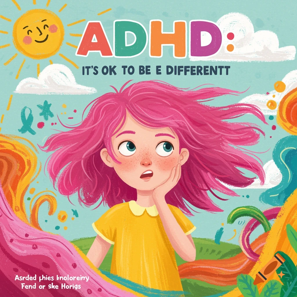 Child with pink hair and colorful shapes in an illustration style for an ADHD book cover.