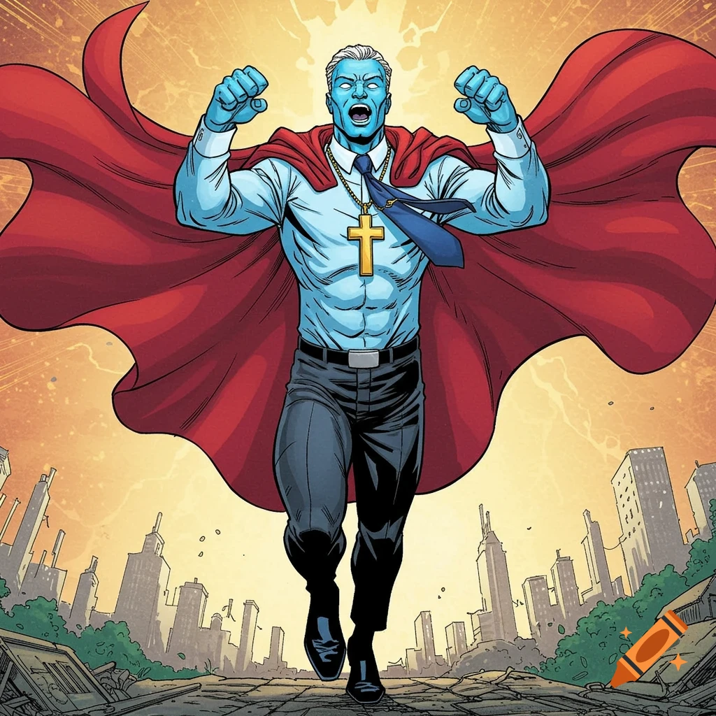 Comic book superhero with blue skin, red cape, shirt, tie, and cross pendant runs forward over rubble with a city skyline background.
