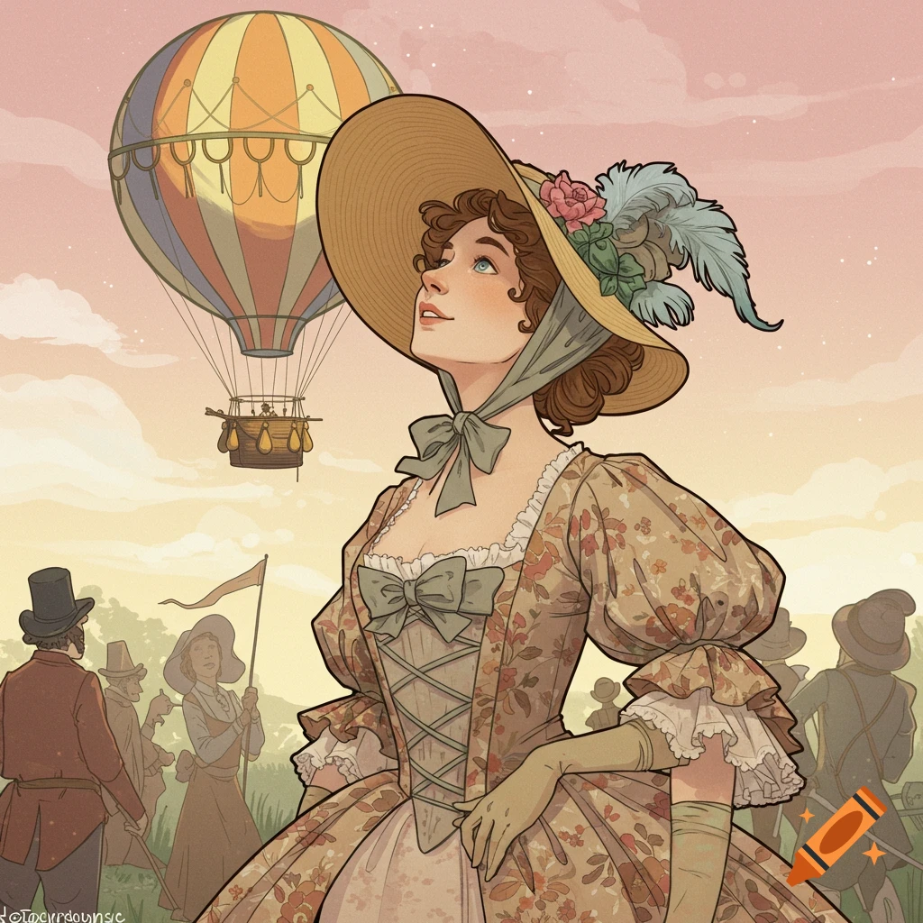 Historical woman in a dress and hat looking up at a hot air balloon