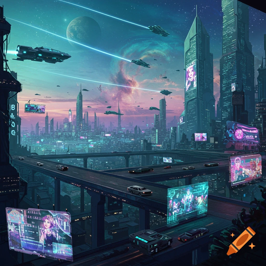 A vibrant cyberpunk city at twilight with flying vehicles, skyscrapers, highways, and large holographic screens.
