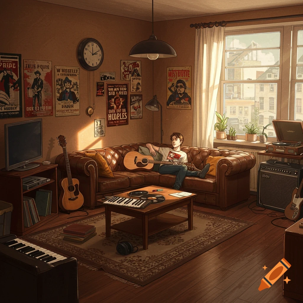 A man playing guitar on a couch in a room filled with musical instruments and posters.