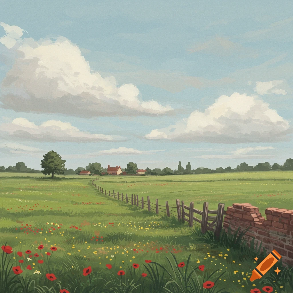 A vibrant green countryside landscape with wildflowers, a wooden fence, and houses in the distance under a cloudy sky.