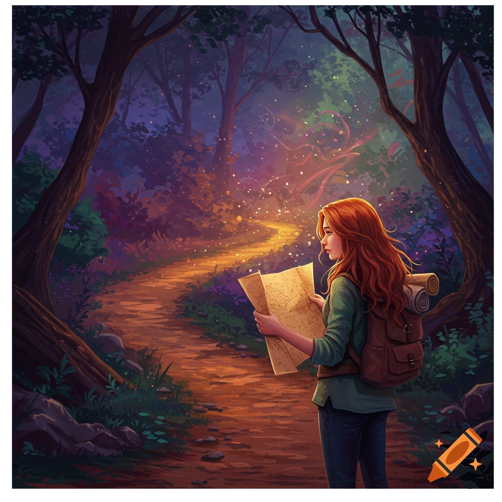 A red-haired woman with a backpack is looking at a map on a glowing forest path.