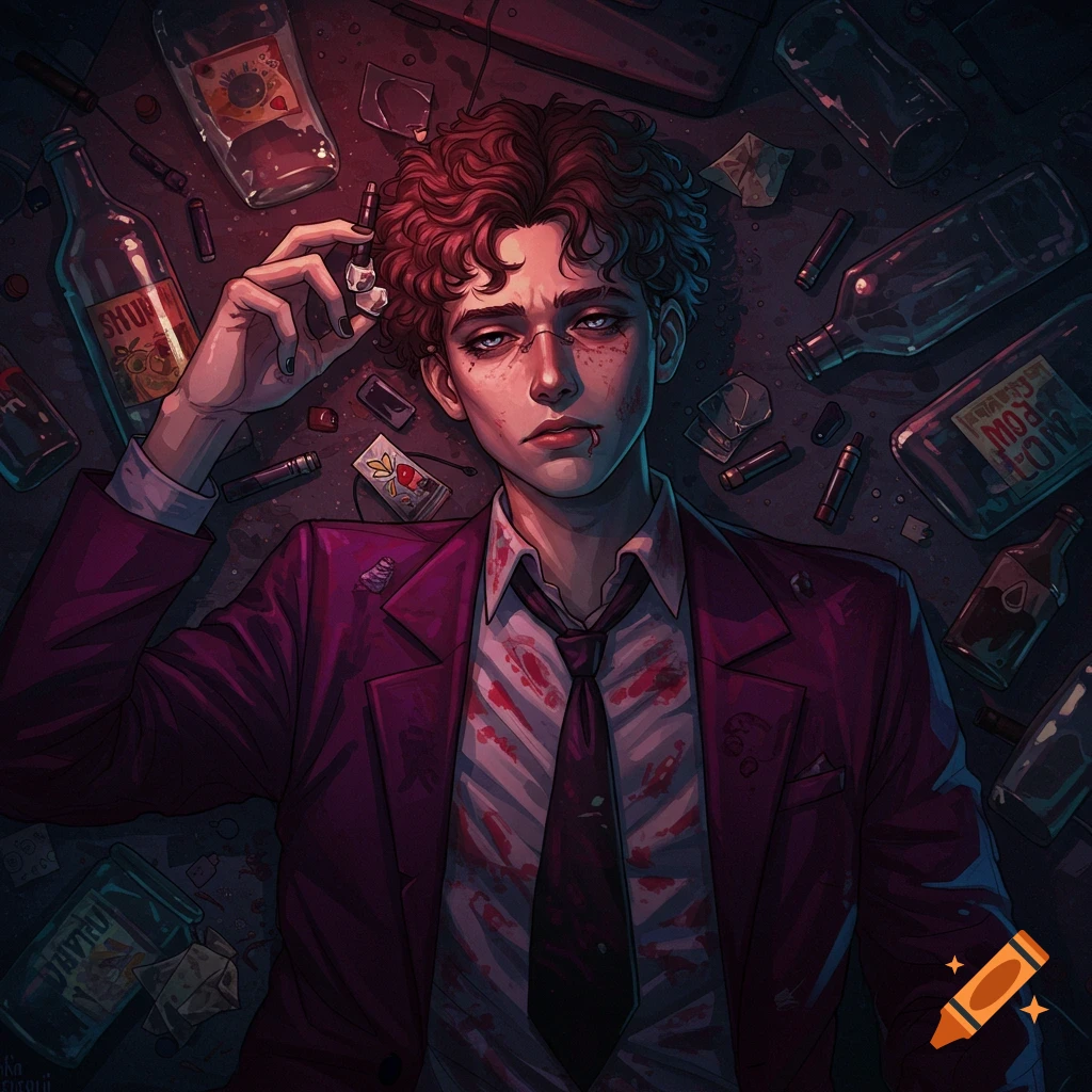 Anime style depiction of an injured young man lying among empty bottles and vape pens in a dark room.