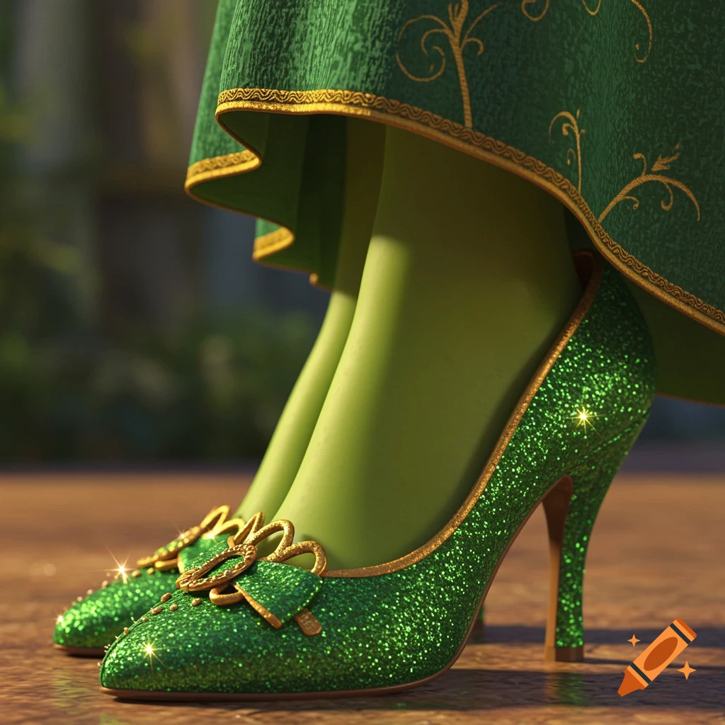 Close-up of green glitter high heels and green dress in an animation style.