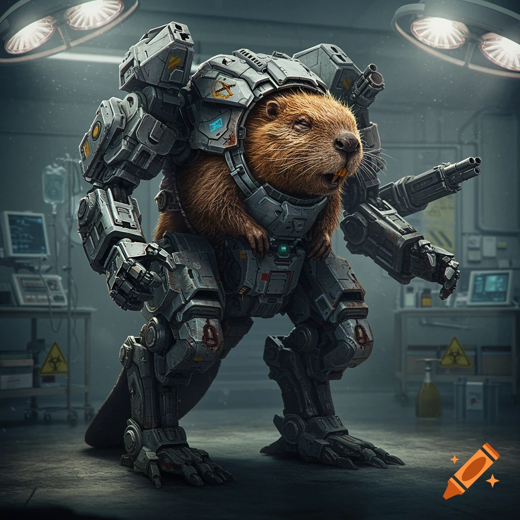 A realistic beaver in a large, detailed mech suit stands in a dimly lit laboratory.