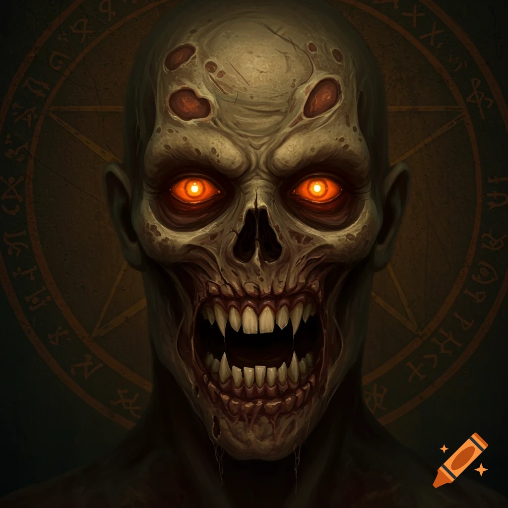 Closeup of a zombie head with glowing orange eyes, rotting skin, and horror teeth against a dark background with an occult symbol.