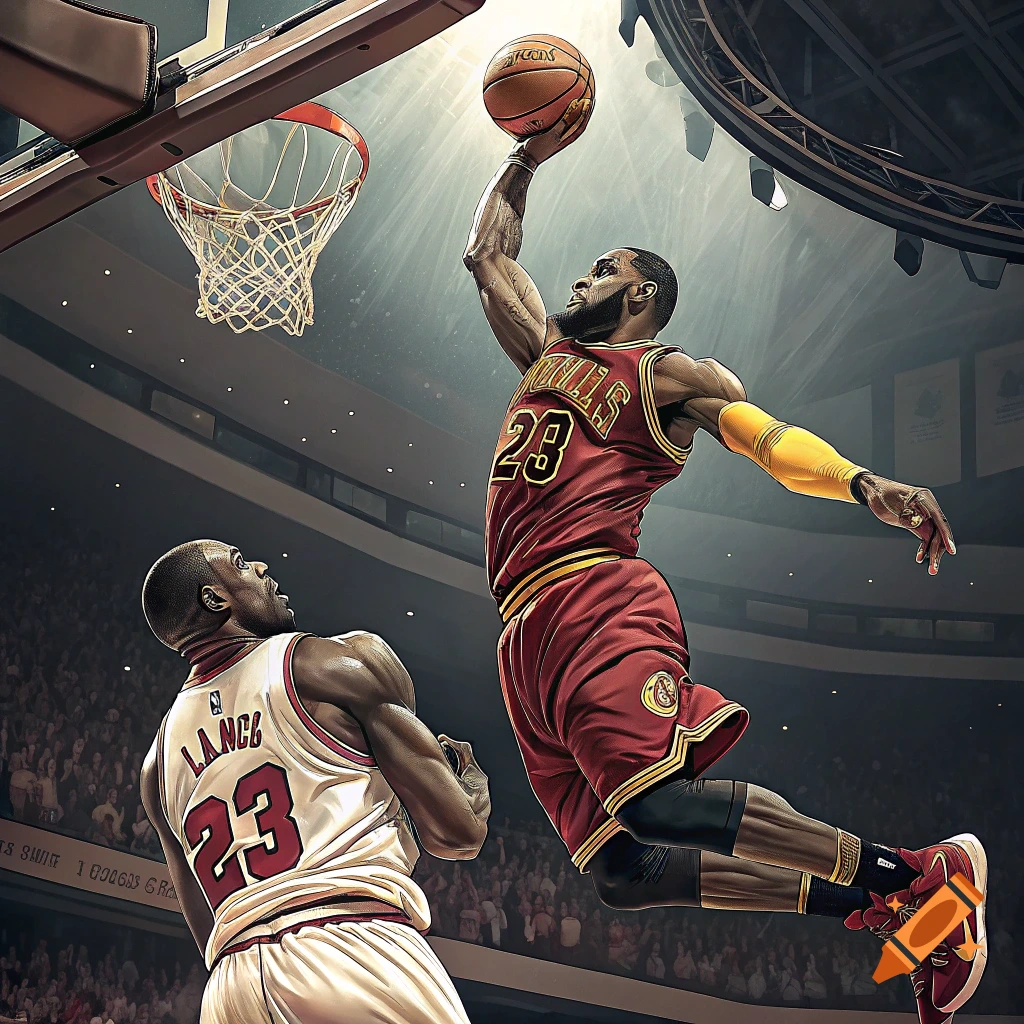 Illustration of a basketball player in a red jersey dunking over an opponent in a white jersey during a game.