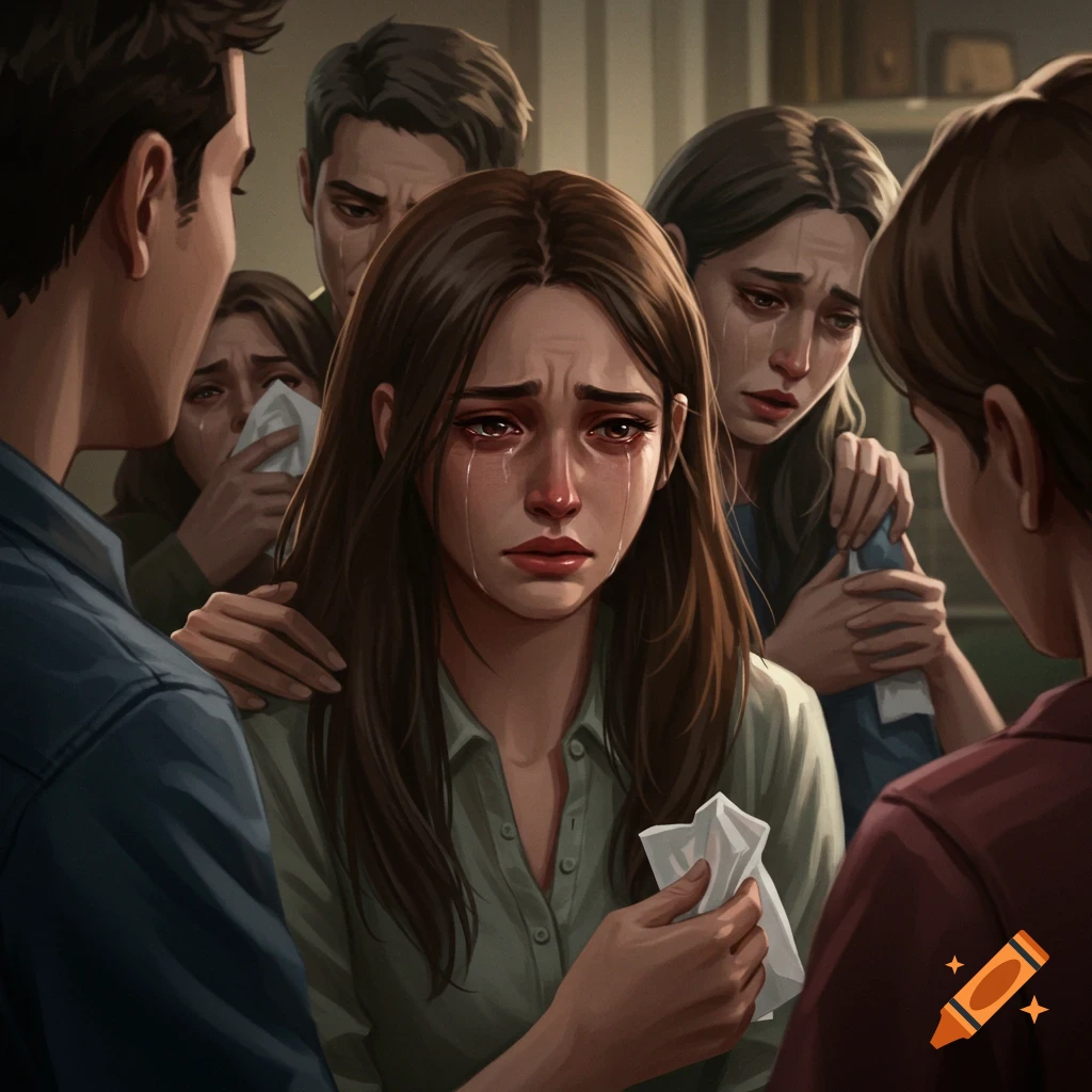 Several people comforting a woman who is crying and grieving.
