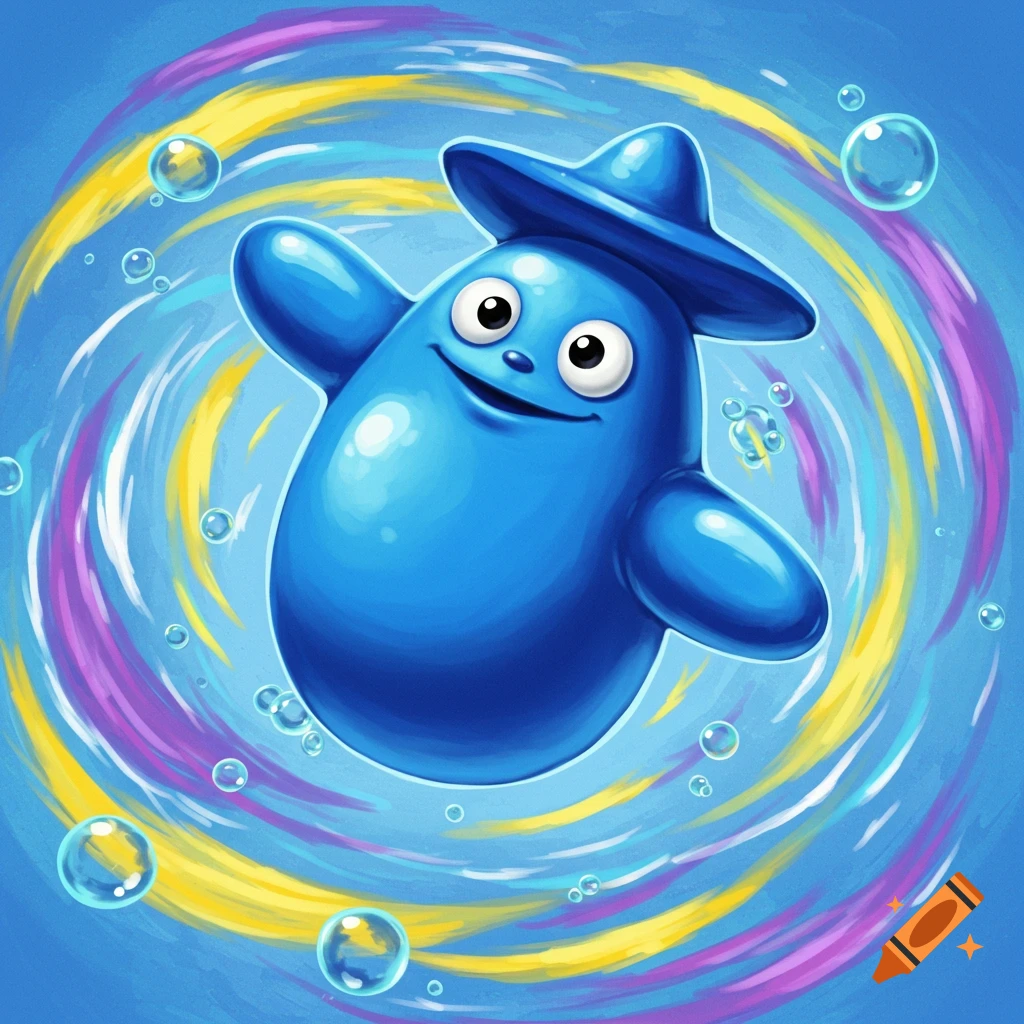 A blue blob character with a hat smiles while floating among colorful swirls and bubbles.