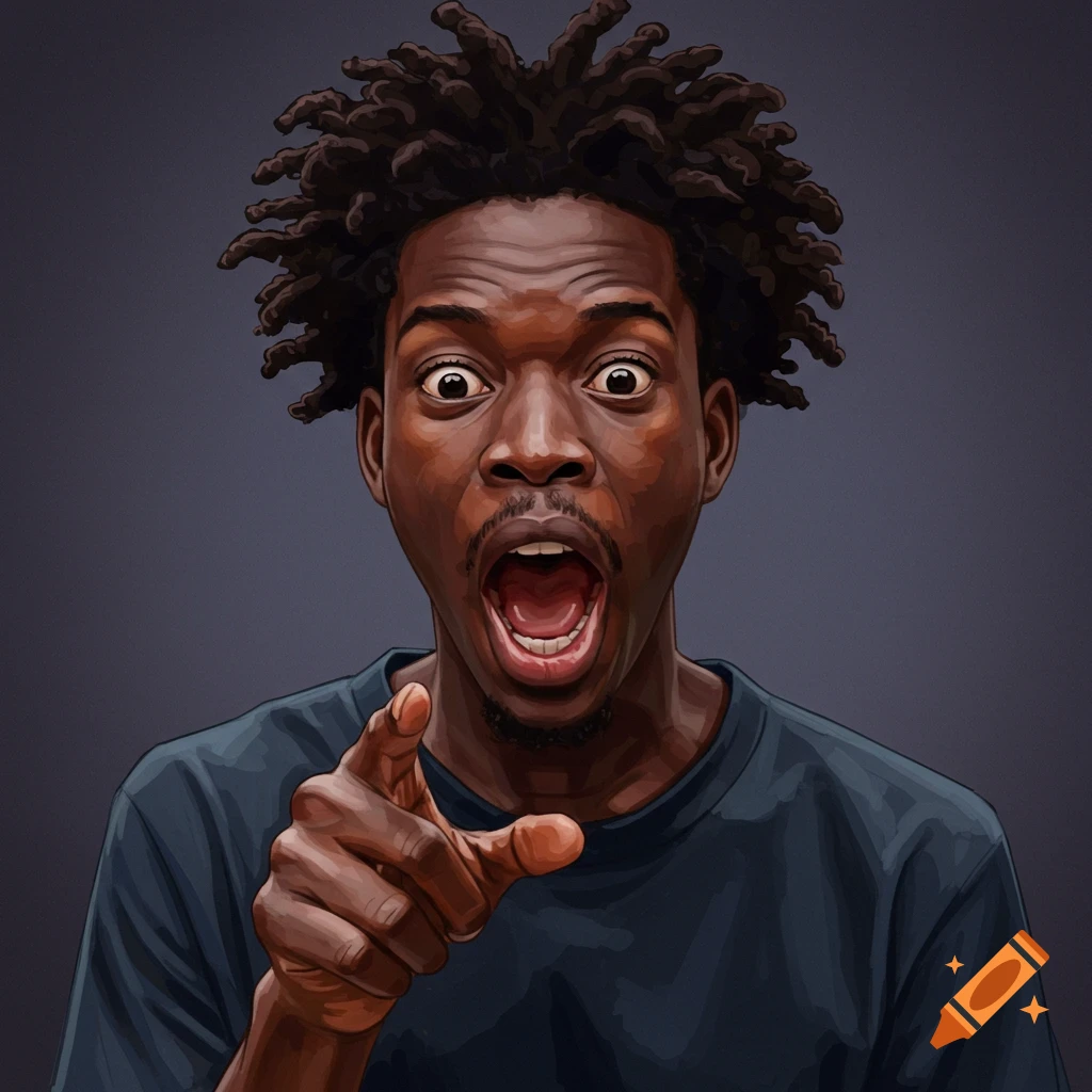 An African man with a surprised expression, mouth open, pointing forward.