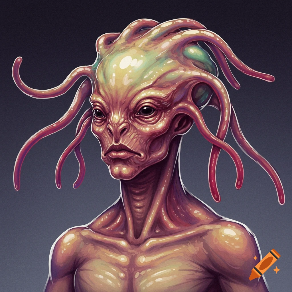 Portrait of an alien creature with red tendrils and bumpy reddish skin.