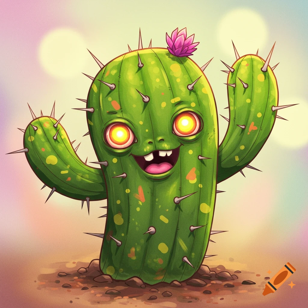 A cute cartoon cactus character with glowing eyes and a pink flower, standing on the ground.