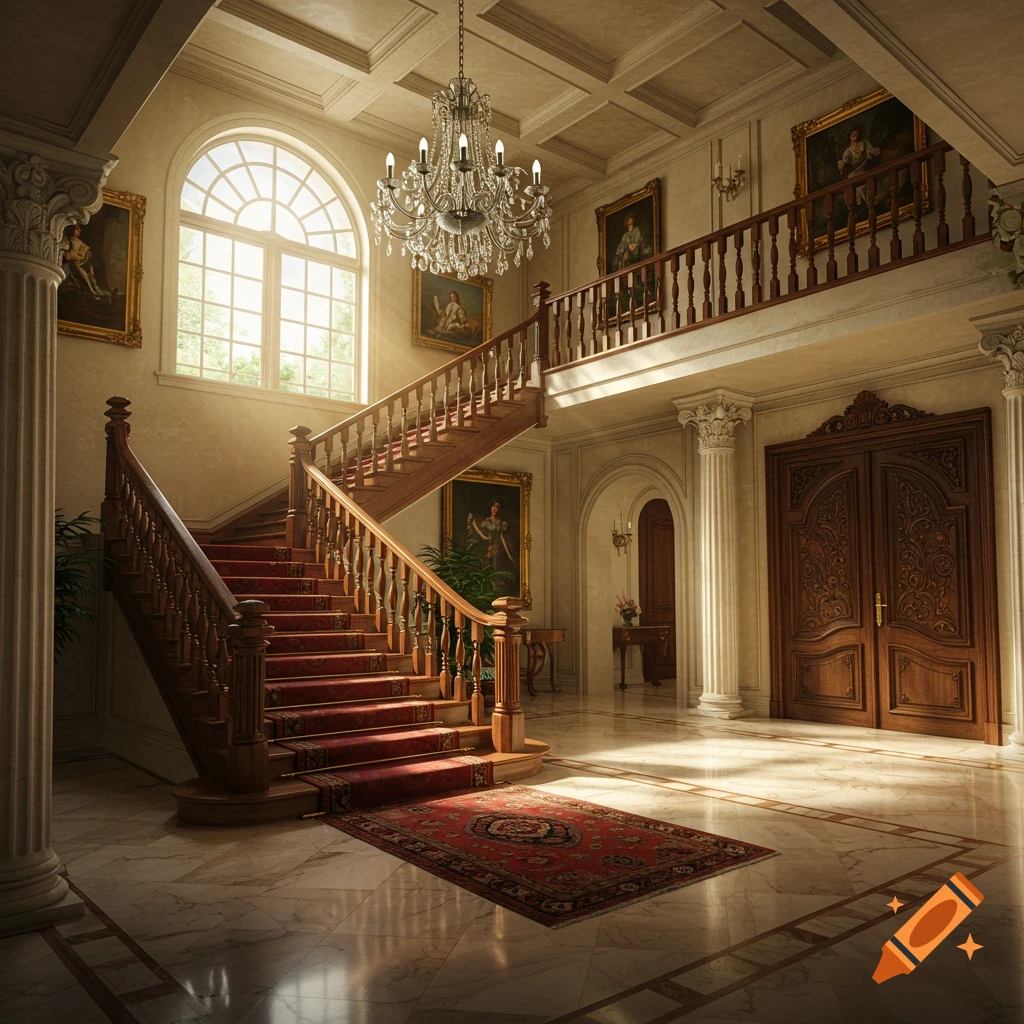 A grand mansion foyer features a sweeping staircase with red carpet and a large crystal chandelier.