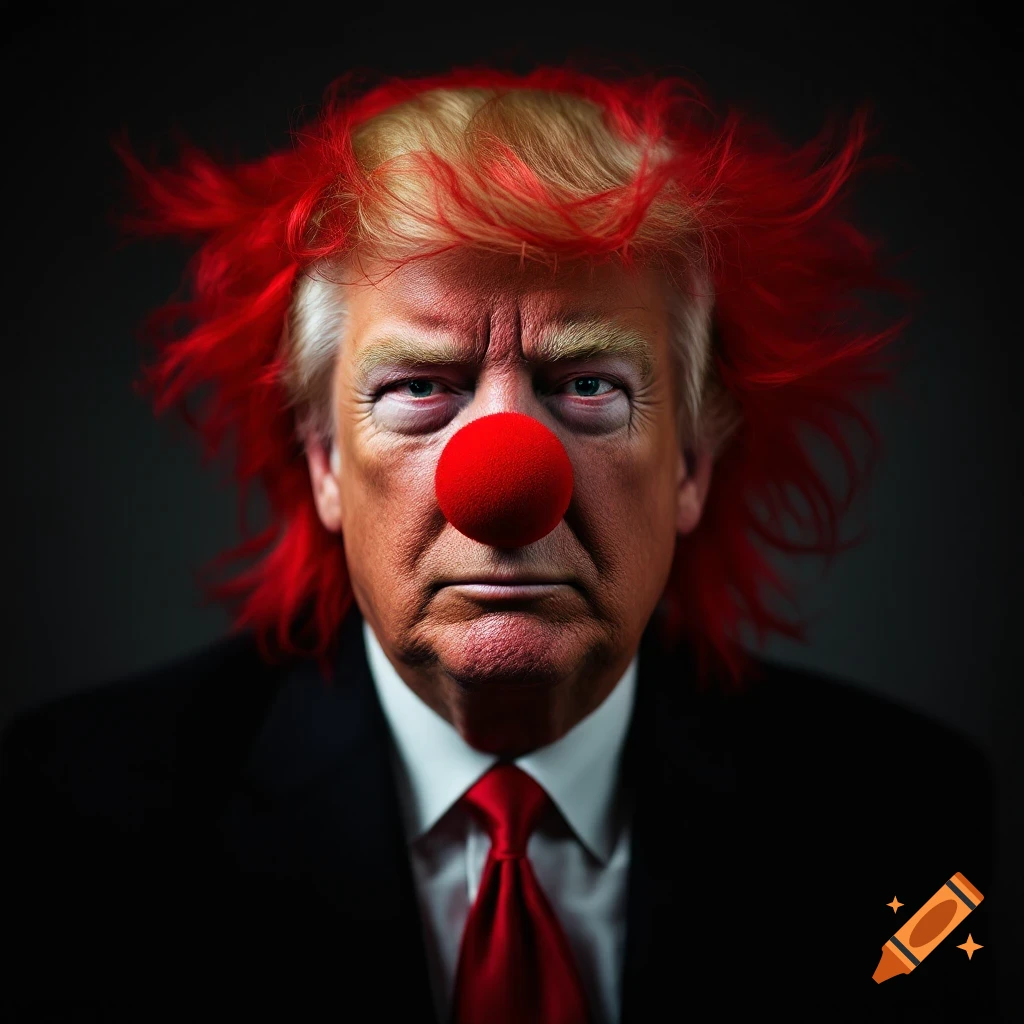 Portrait of Donald Trump wearing a red clown wig and nose