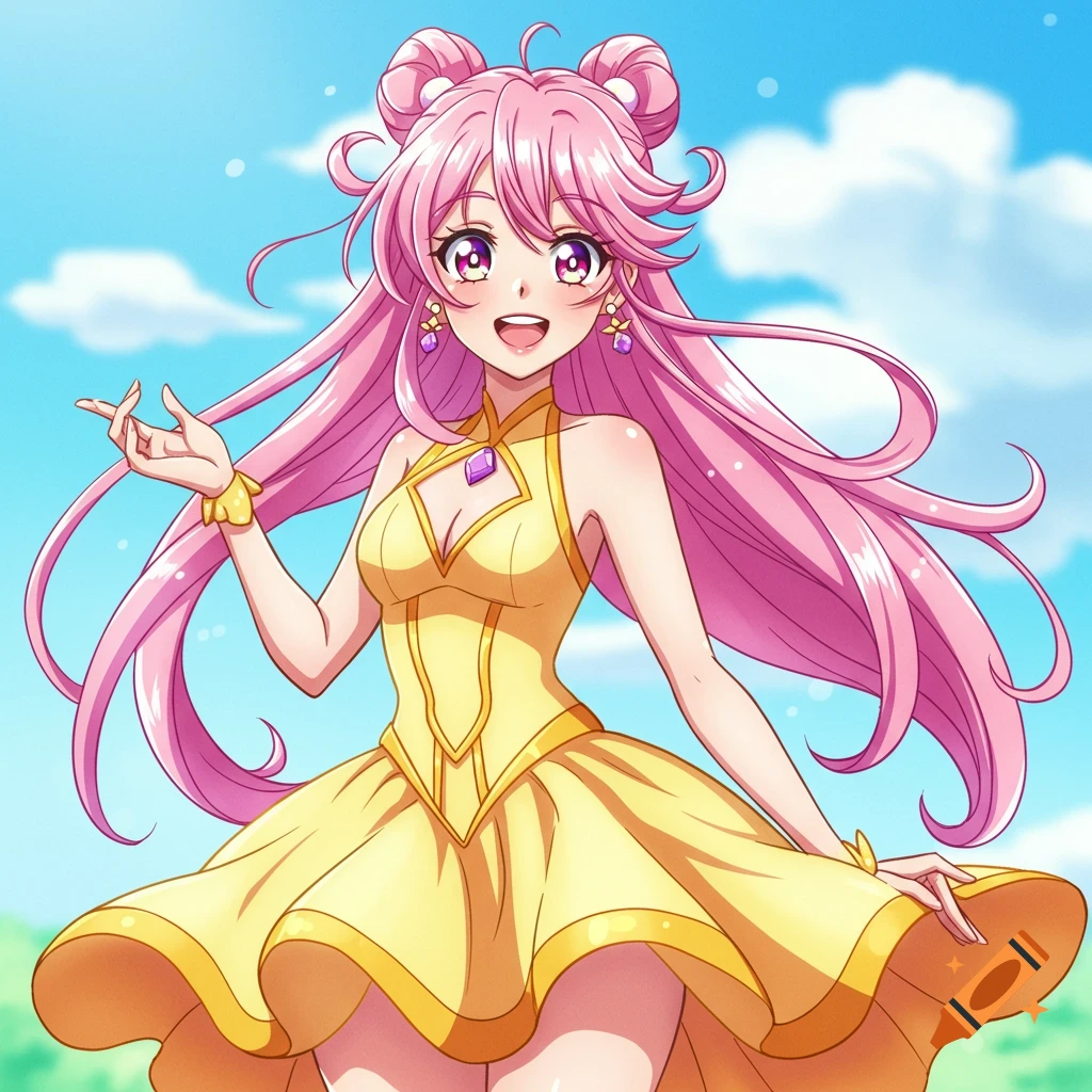 Anime character with pink hair in a yellow dress
