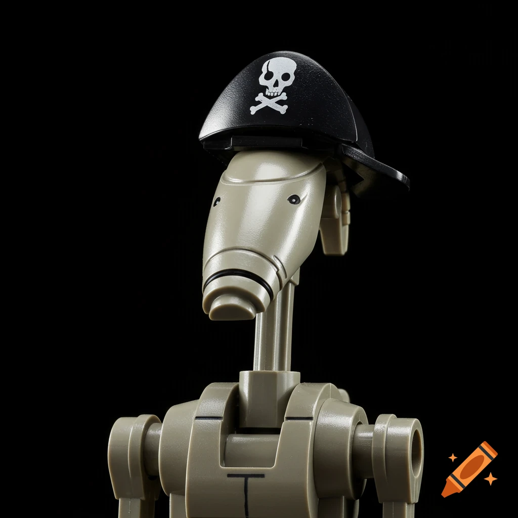 Close-up studio shot of a LEGO Star Wars Battle Droid wearing a black pirate cap with a skull and crossbones